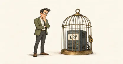 Ein nachdenklicher Unternehmer steht neben einem ERP-Server in einem verschlossenen Käfig.